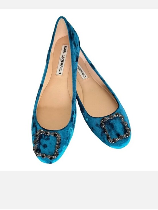 Karl Lagerfeld Shoes - Karl Lagerfeld Teal Velvet Embellished Flats Size 38